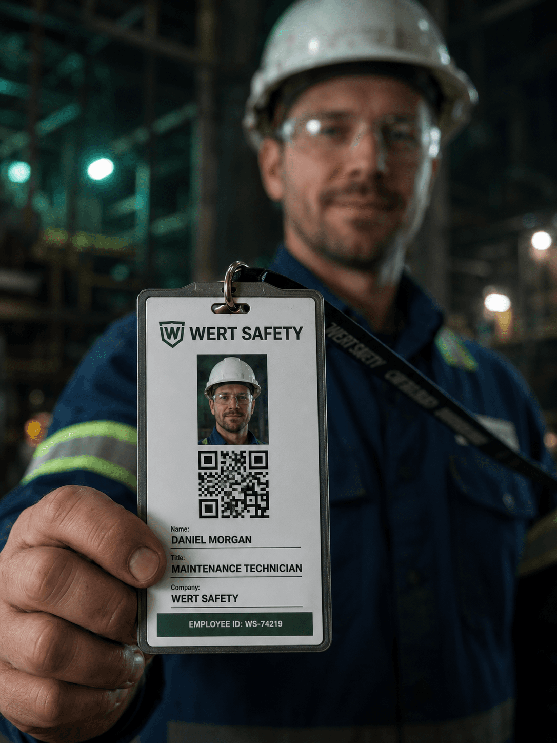Colaborador exibindo crachá inteligente Wert Safety com foto, QR Code, nome, função e empresa