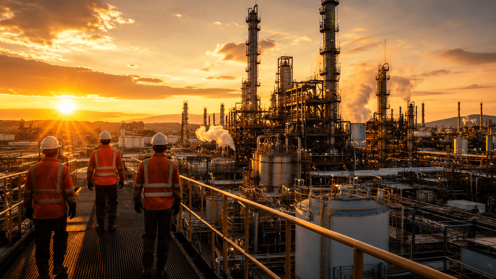 Equipe técnica em grande operação industrial ao entardecer