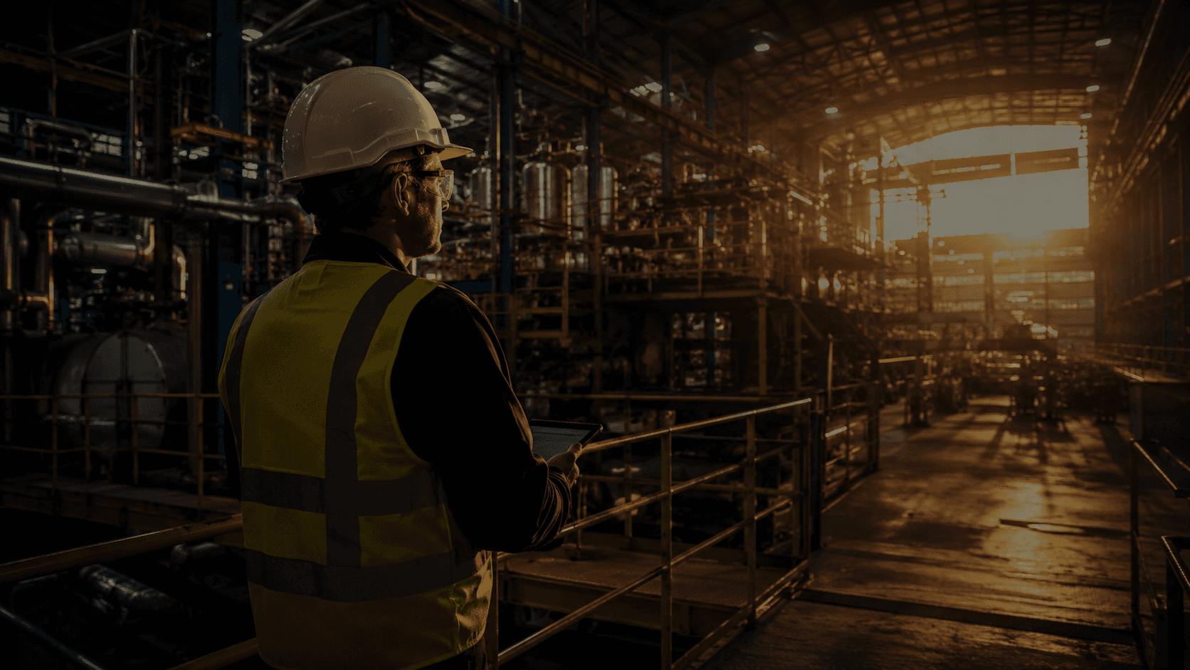 Técnico de segurança realizando inspeção em planta industrial ao entardecer