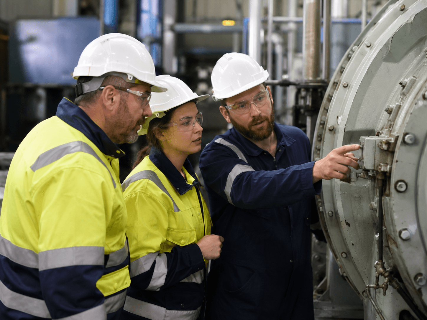 Profissional analisando projeto industrial junto à equipe operacional