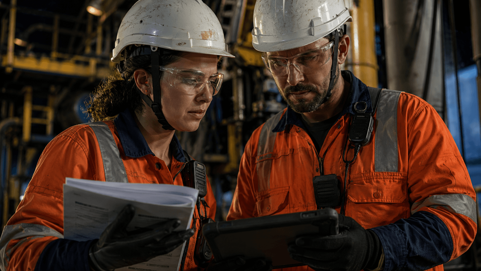Trabalhadores em operação de alto risco com equipamentos de segurança