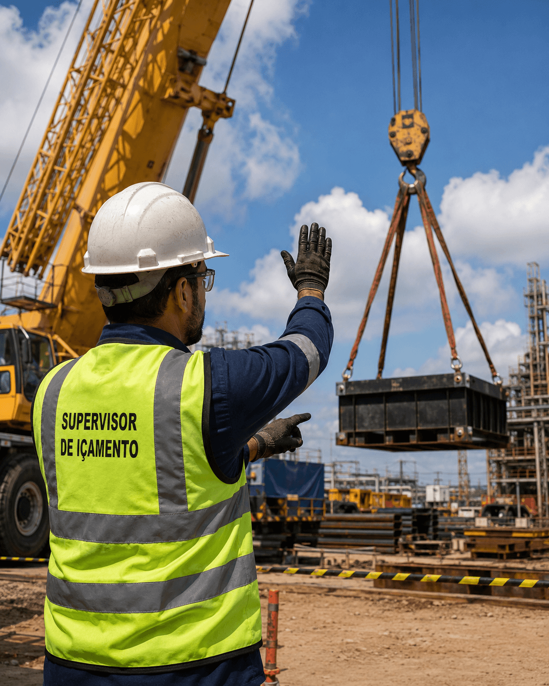 Supervisor de içamento orientando operação de carga com guindaste em canteiro de obras