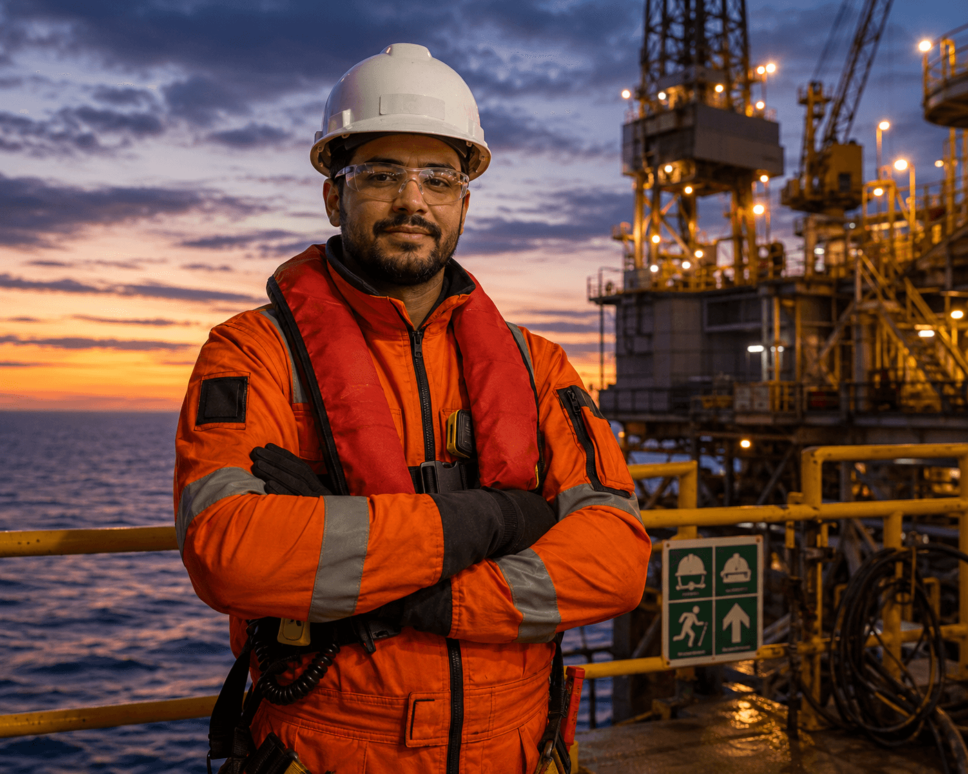 Profissional offshore em plataforma de petróleo com equipamentos de segurança
