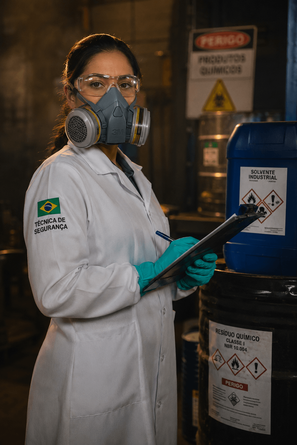 Profissional de segurança química com respirador inspecionando recipientes em instalação industrial