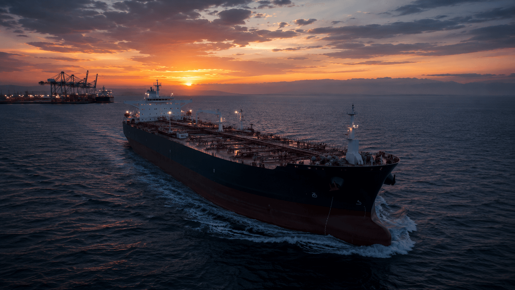 Navio cargueiro navegando ao entardecer