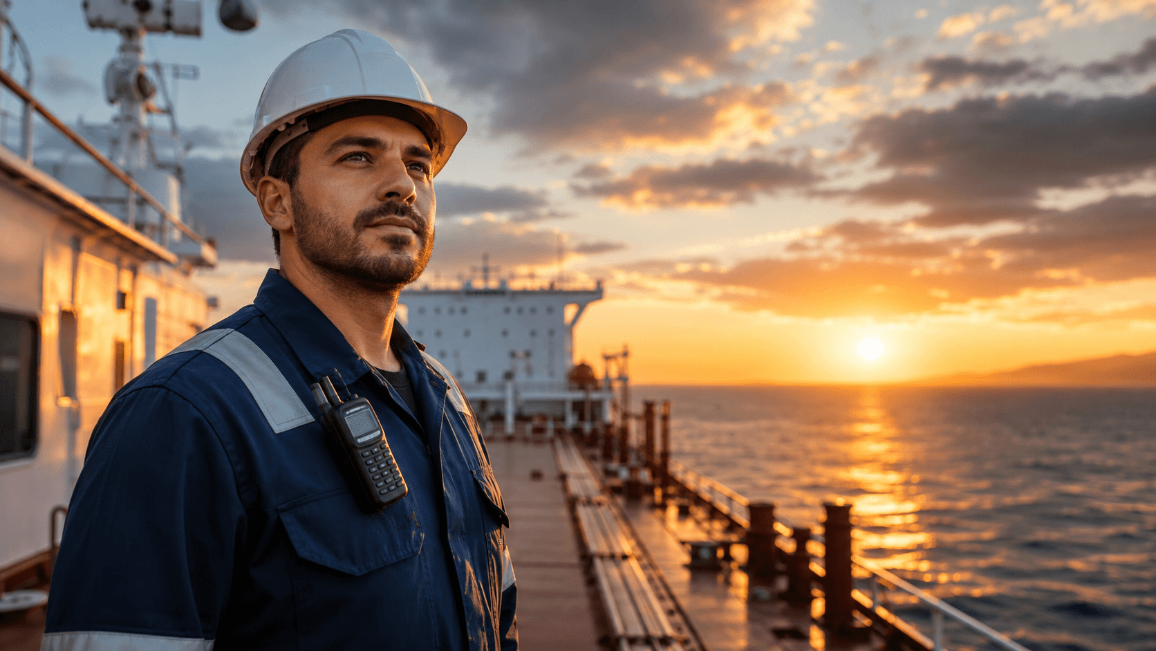 Oficial marítimo a bordo de navio ao entardecer