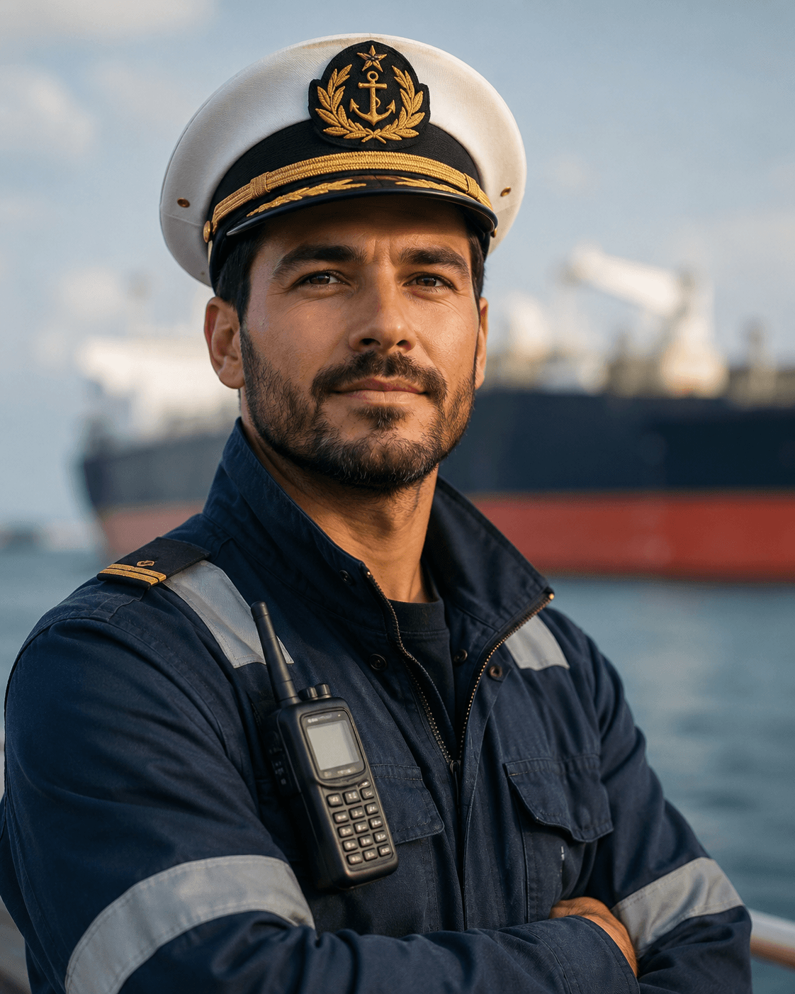 Retrato de comandante marítimo em porto industrial